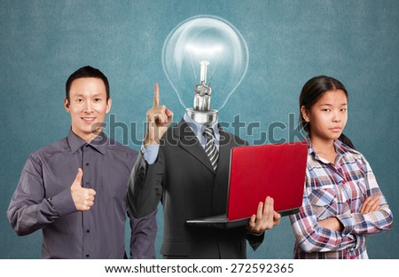 Team and Lamp head man with laptop and business team