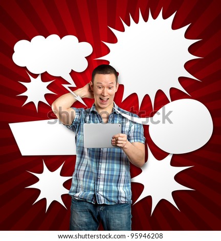 Man with speech bubble, have got an Idea, with touch pad