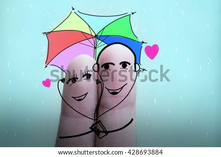 Finger art of a Happy couple.rainy season.Boy and Girl with Umbrella Rainy Season, Monsoon, Rain,