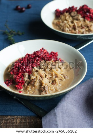 Ground lamb with vegetables and cranberry sauce