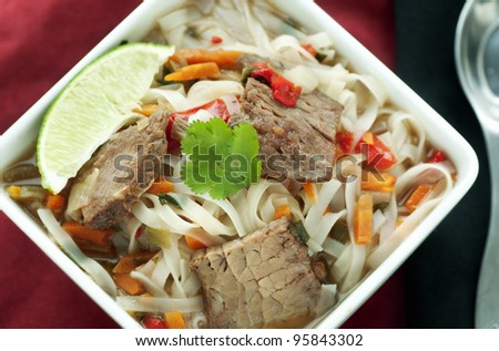 Hot Asian inspired noodle soup with spicy beef and vegetables