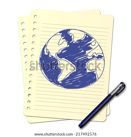 child\'s drawing in the blue pen : planet earth