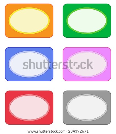 Set of six blank rectangular labels in orange, blue, green, pink, deep red and gray, with rounded corners. Each has an oval center with a stitched border and black space for text. Isolated on white.