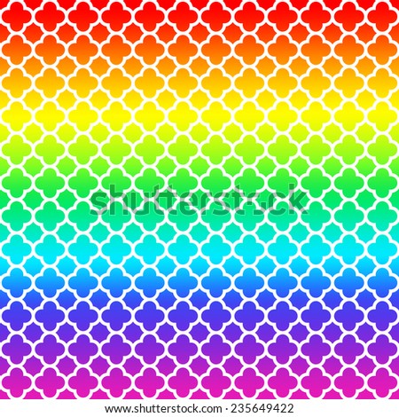 Cloverleaf quatrefoil lattice background  pattern with white lattice on a bright rainbow gradient background in purple, blue, turquoise, green yellow, orange and red.