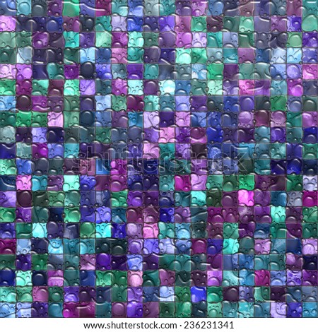 Digital abstract background with square tile pattern design in blue, green, pink and purple colors, with a wet small water droplet effect.