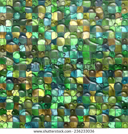 Digital abstract background with square tile pattern design in yellow, blue, green, and turquoise colors, with a wet large water droplet effect.