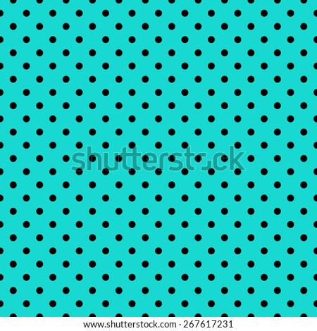 Seamless repeating polka dot spotty pattern with black spots on a turquoise blue background.