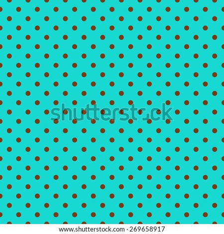 Chic classic polka dot pattern background, in trendy turquoise blue &  brown colours. It has an elegant, stylish appearance, with brown spots on a turquoise background. Seamlessly repeating.