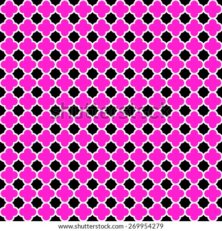 Cloverleaf quatrefoil lattice pattern with white lattice on a bright hot pink and black background. This is a seamlessly repeating pattern background.
