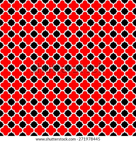 Cloverleaf quatrefoil lattice pattern with white lattice on a bright red and black background.  This is a seamlessly repeating pattern background.