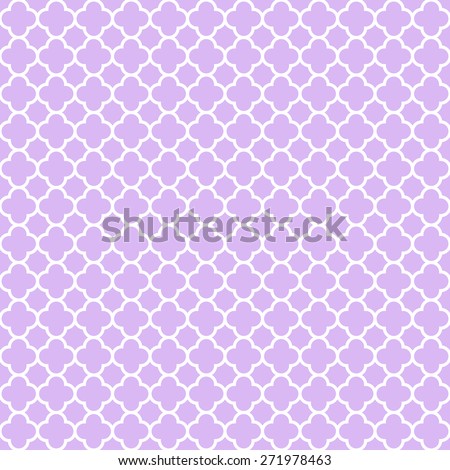 Cloverleaf quatrefoil lattice pattern with white lattice on a pretty pastel  lilac purple background. This is a seamlessly repeating pattern background.