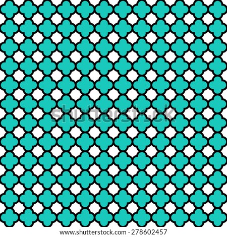 Cloverleaf quatrefoil lattice pattern with black lattice on a trendy turquoise blue and white background. This is a seamlessly repeating pattern background.