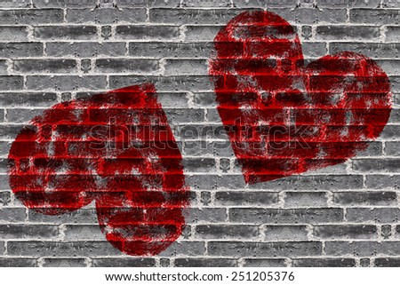 Painted Red Heart Shape on Black Brick Wall ( Background )
