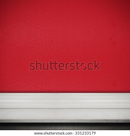 Cement Wall Painted Red Color and Wood Table Desk Background , interior design