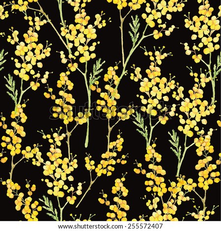 Watercolor hand drawn seamless pattern with spring tender flowers - yellow mimosa on the dark background