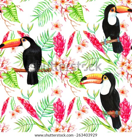 Hand drawn watercolor seamless pattern with colorful tropical exotic flowers and toucan birds
