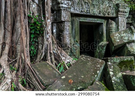 door of a prasat in ruins framed by the roots of a tree 