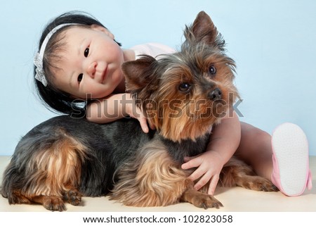 Asian Baby Doll Embracing her pet dog yorkshire sitting down in front on a white background.