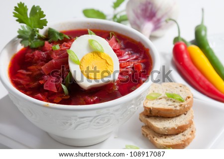 Russian speciality cold Borsch soup with beetrots and egg. Russian speciality