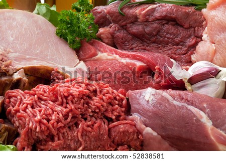 Fresh Raw Meat Background with Smoked Pork Chops, Beef Meat, Turkey and ground beef