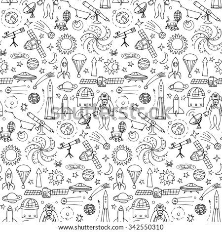 Seamless pattern with doodle space elements. Vector illustration with hand drawn doodle space elements for wallpaper, wrapping, textile prints