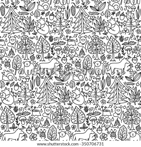 Forest seamless pattern. Vector illustration of doodle forest animals and plants seamless pattern for backgrounds, textile prints, wrapping, wallpapers