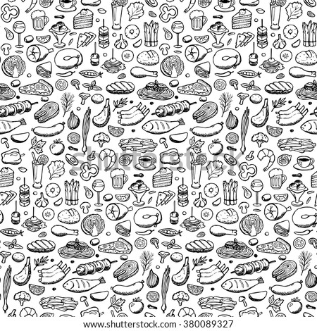 Vector illustration of doodle food and drink elements for backgrounds, textile prints, covers, posters, menu