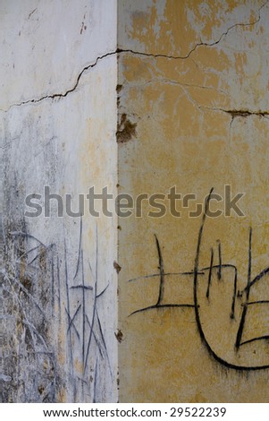 Corner of a concrete wall with Chinese writing