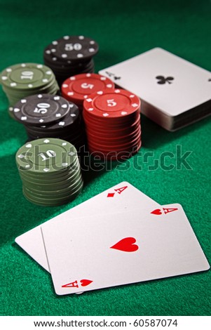 The casino scene. Poker playing cards on the table.