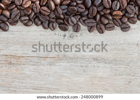 closeup coffee beans on wood background space for sample text