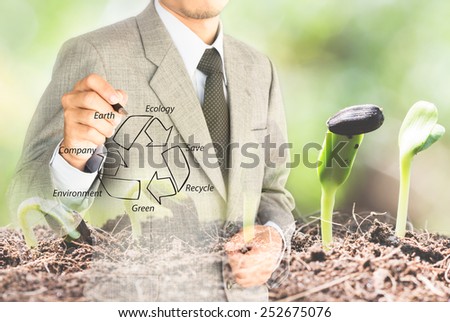 double exposure business man drawing recycle green conserve environment