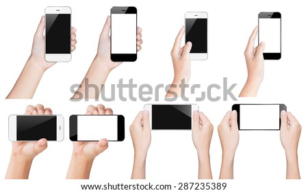 hand hold smartphone black and white isolated with clipping path inside