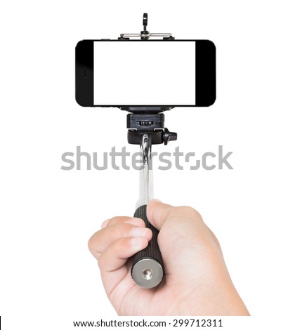 hand using selfie stick isolated white clipping path inside