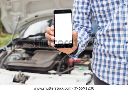 man showing phone blank screen call emergency service concept