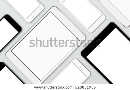 mock-up smart phone and digital tablet, modern communication device on top view