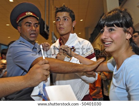 YEREVAN - AUGUST 20: Cristiano Ronaldo, Portugal football star arrives at Armenia's Zvartnots Airport for UEFA EURO2008 Group 9 Qualifying match, Armenia-Portugal. August 20, 2007, in Yerevan, Armenia