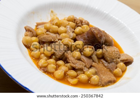 Traditional Spanish cuisine dish of tripe cooked with chickpeas and chorizo