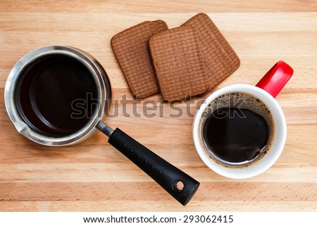 Coffee into cup, coffee maker, sweet cookie