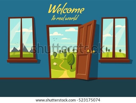 Open door. Valley landscape. Cartoon vector illustration. Vintage poster. Welcome to real world. Retro style. View from the window