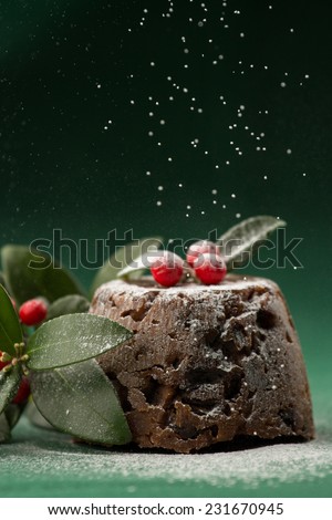 Christmas pudding with winter berries, dusted with icing sugar with a very shallow depth of field