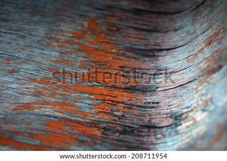 Time-worn old curved wood plank texture with perspective lens blur, vintage fall off paint, fiber and cracks. Grunge vintage background.