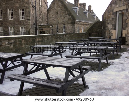 Empty tables and stalls on deck at edinburg castle in winter