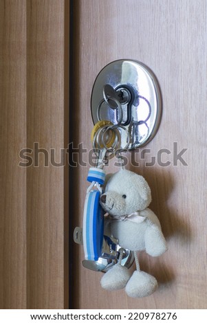 Close view of the keys with key ring in the door lock./The keys in the door lock.