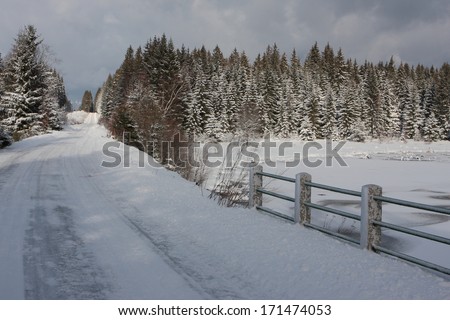 lonely snowy road by frozen lake Lipno, leading to Austria-Czech border checkpoint, National Protected Area Sumava, Czech republic