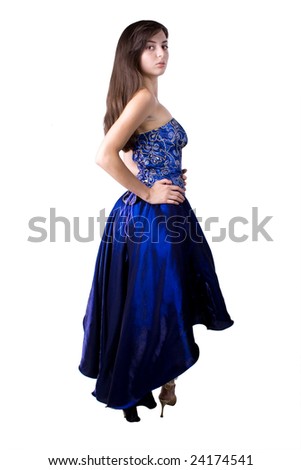 The young beautiful girl in beautiful clothes on a white background