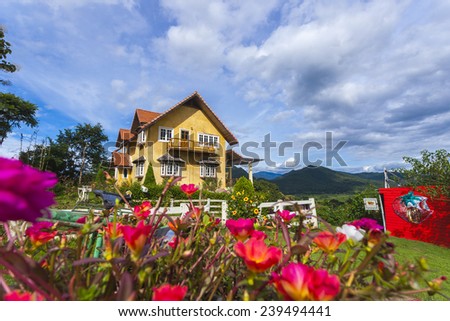 Yellow classic house on hill, pai, maehongson, thailand