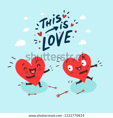 Couple in love romantic concept. Two cute funny hearts running. One lover trying to catch its love. Hand drawn lettering \