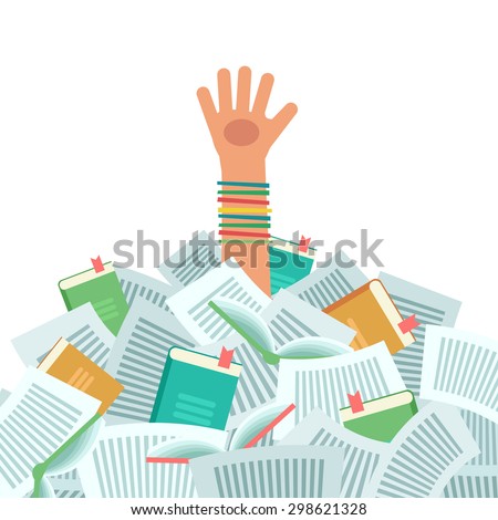 Pile of books and Overwhelmed student. Too much study. Student\'s hand drowning in books. Education concept. Vector colorful illustration isolated on white