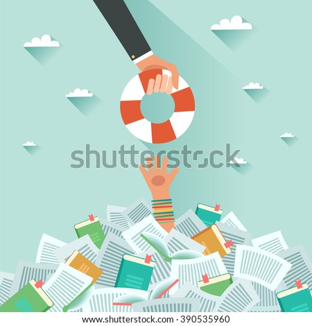 Drowning student getting lifebuoy. Pile of books and Overwhelmed student. Too much study. Student\'s hand drowning in books. Education concept. Vector flat colorful illustration