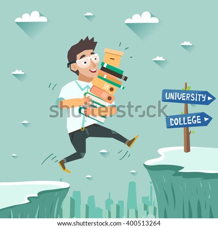 Student with pile of books jumping over the abyss or cliff. Education, Graduation concept, going to university or college. Vector colorful illustration in flat style